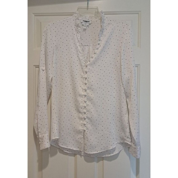 EXPRESS Slim Fit Portofino Blouse White with Black Polka Dot Button Accents Sz S - Picture 1 of 11